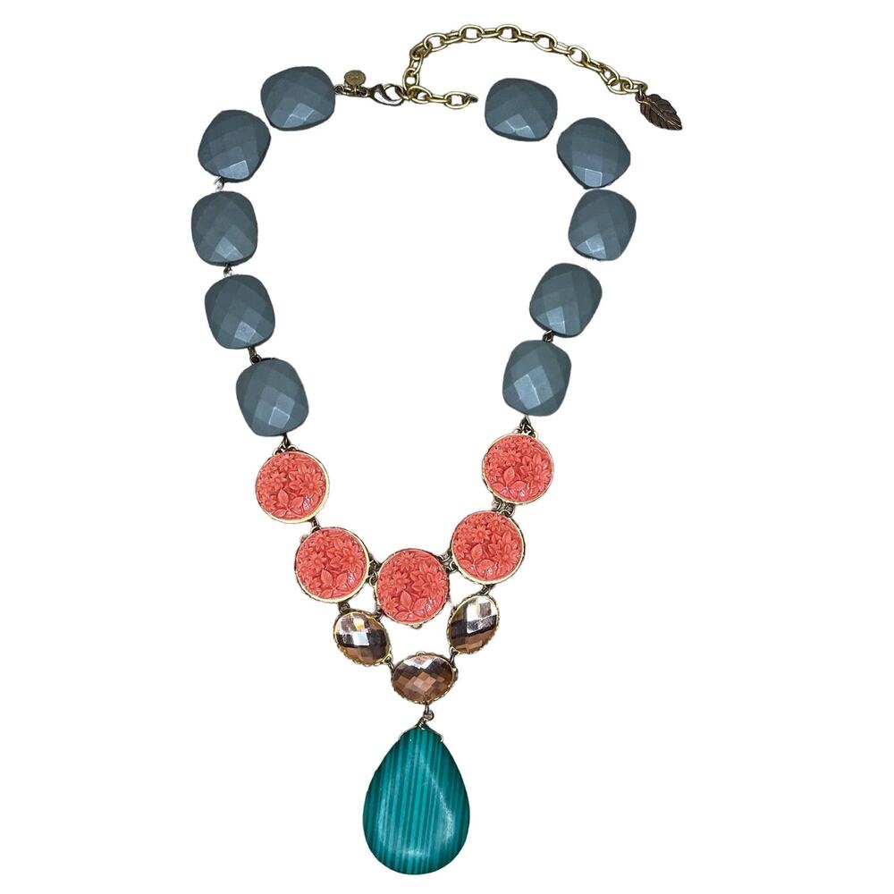 Anthropologie David Aubrey Statement Necklace Carved Floral Bead Malachite